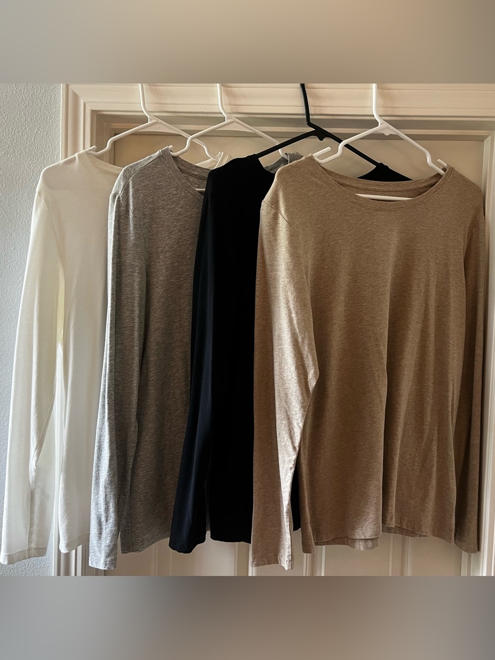 Amazon Long-Sleeve Crewneck Tops - White, Gray, Black & Tan